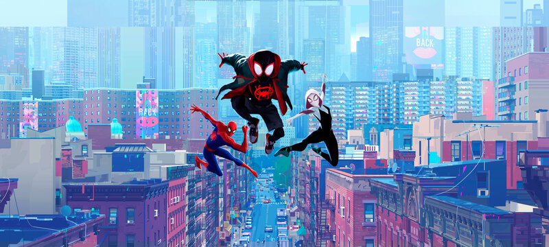 Three Spider-people in Flight