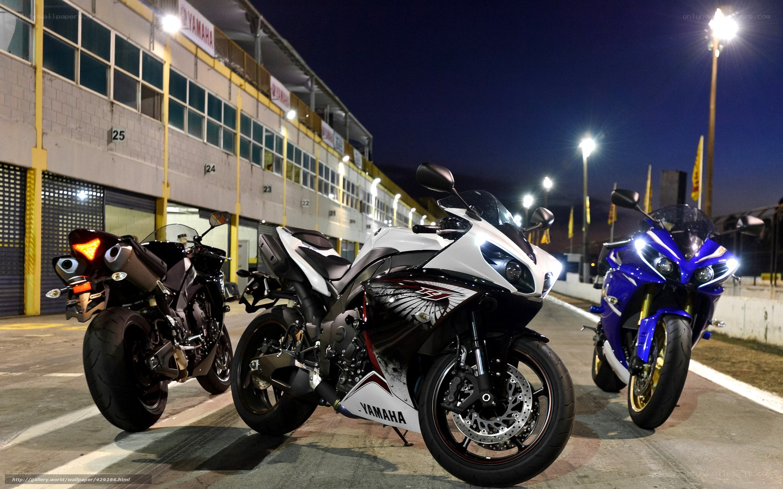 Three sport motorcycles at night