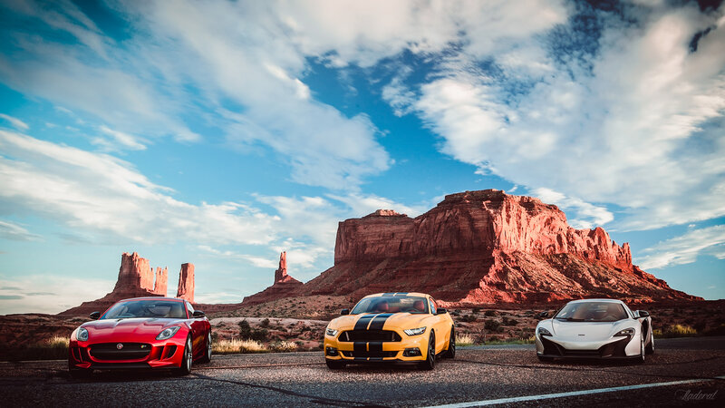 Three Sports Cars on Road — Red