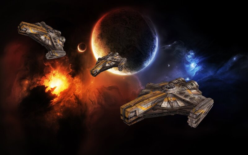 Three Starships in Space — Black
