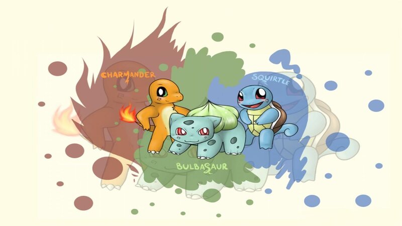 Three Starter Pokémon — Green, Playful, Digital Art, Flame
