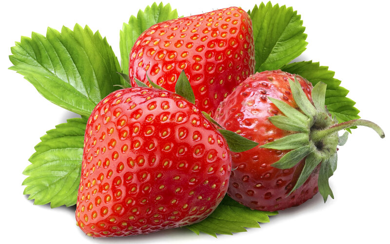 Three Strawberries with Leaves — Red, Fresh, Photograph