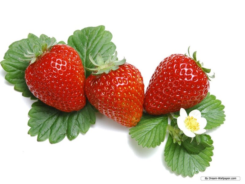 Three Strawberries with Leaves — Red, Fresh
