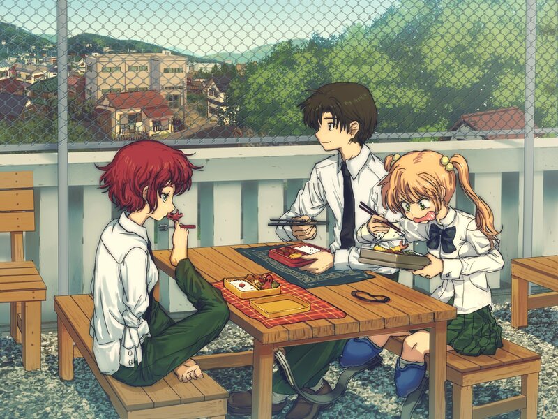 Three Students Eating Lunch — Green