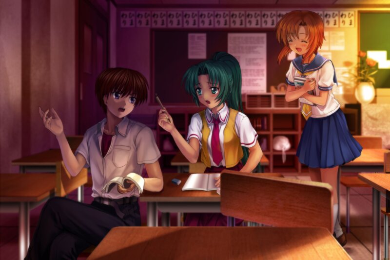 Three Students in Classroom — Purple