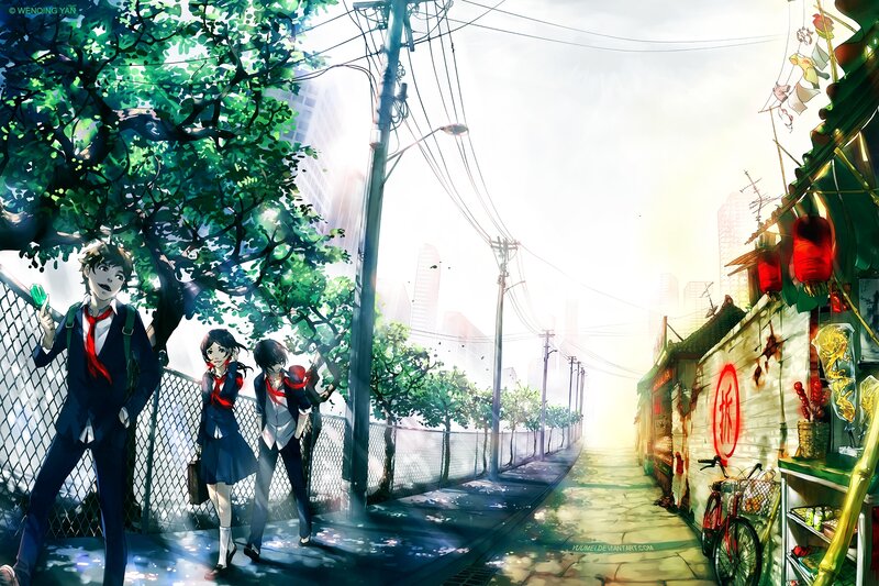Three Students on a Street — Green