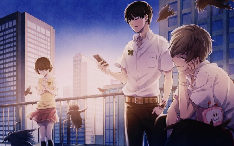 Three Students on Balcony — Blue