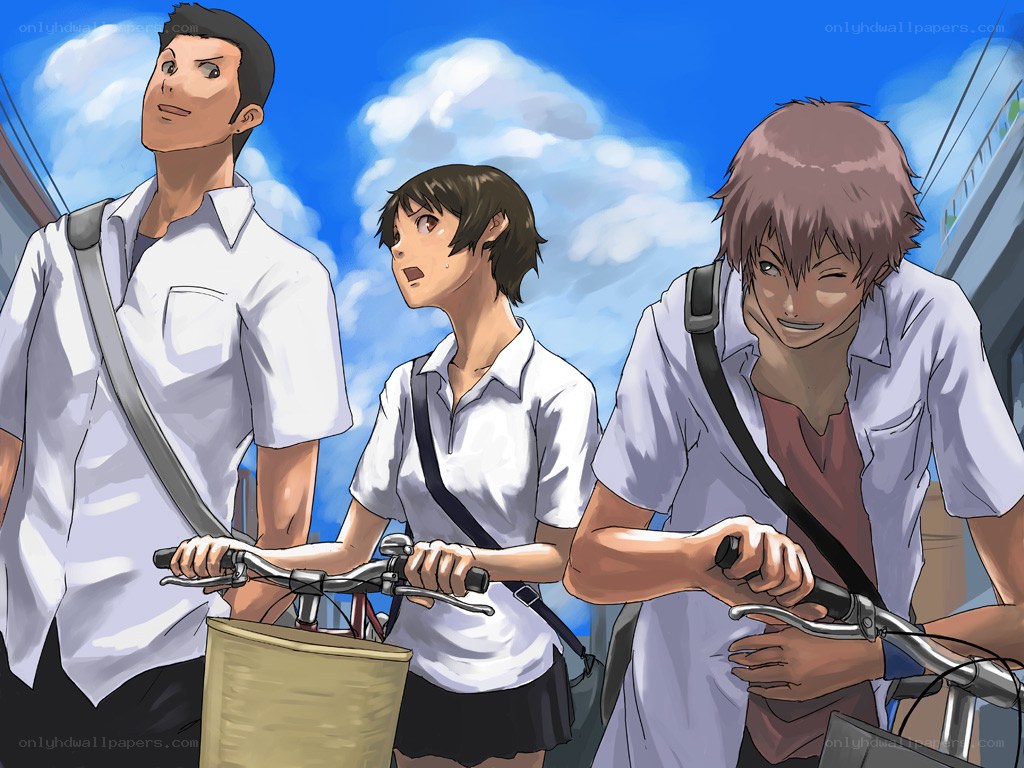 Three students on bicycles