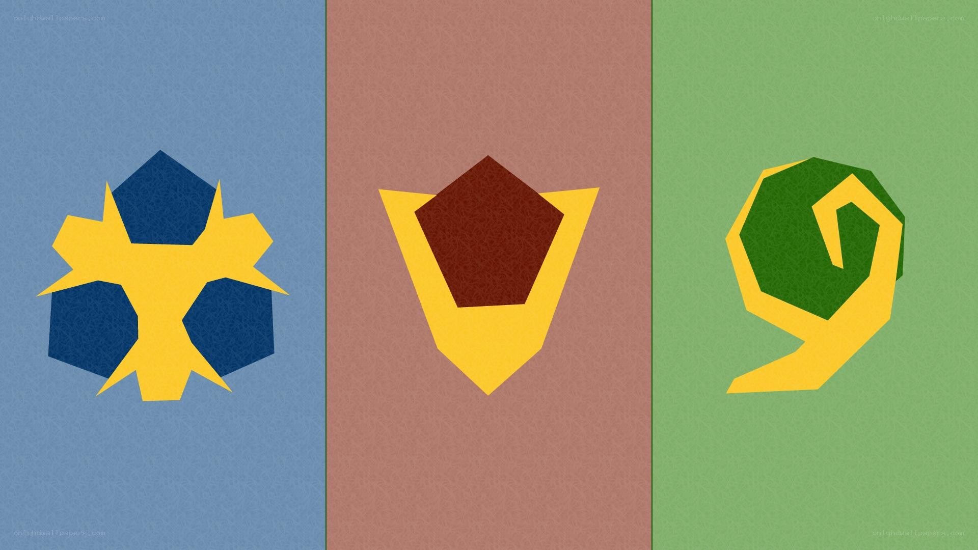 three stylized symbols on colored backgrounds