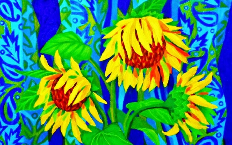 Three Sunflowers — Yellow, Vibrant, Painting