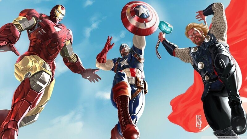 Three Superheroes in Action — Red, Heroic, Afternoon