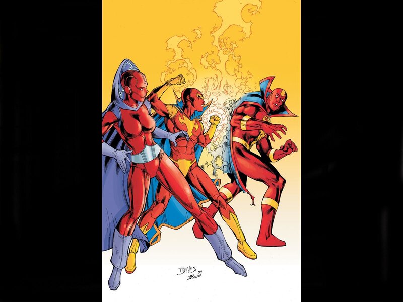 Three Superheroes in Red Suits
