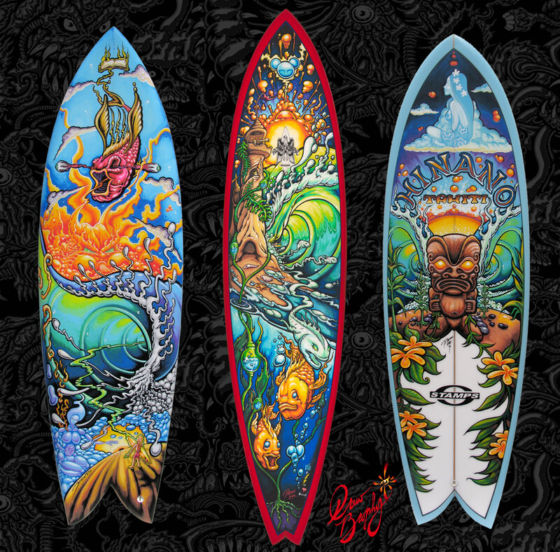 Three Surfboards with Artwork