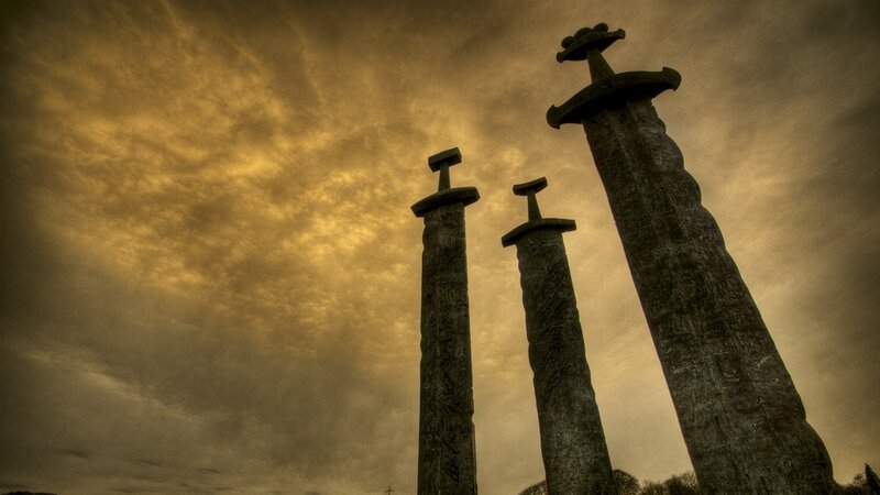 Three Sword Monuments — Brown, Dramatic, Sunset, Photograph, Sky