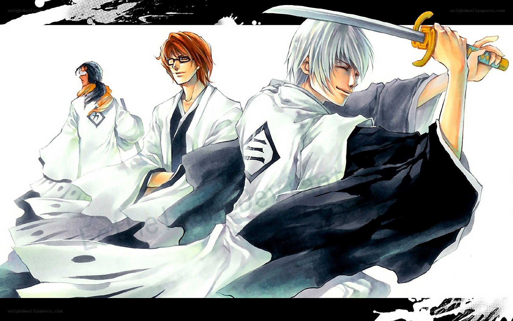 three swordsmen in white robes