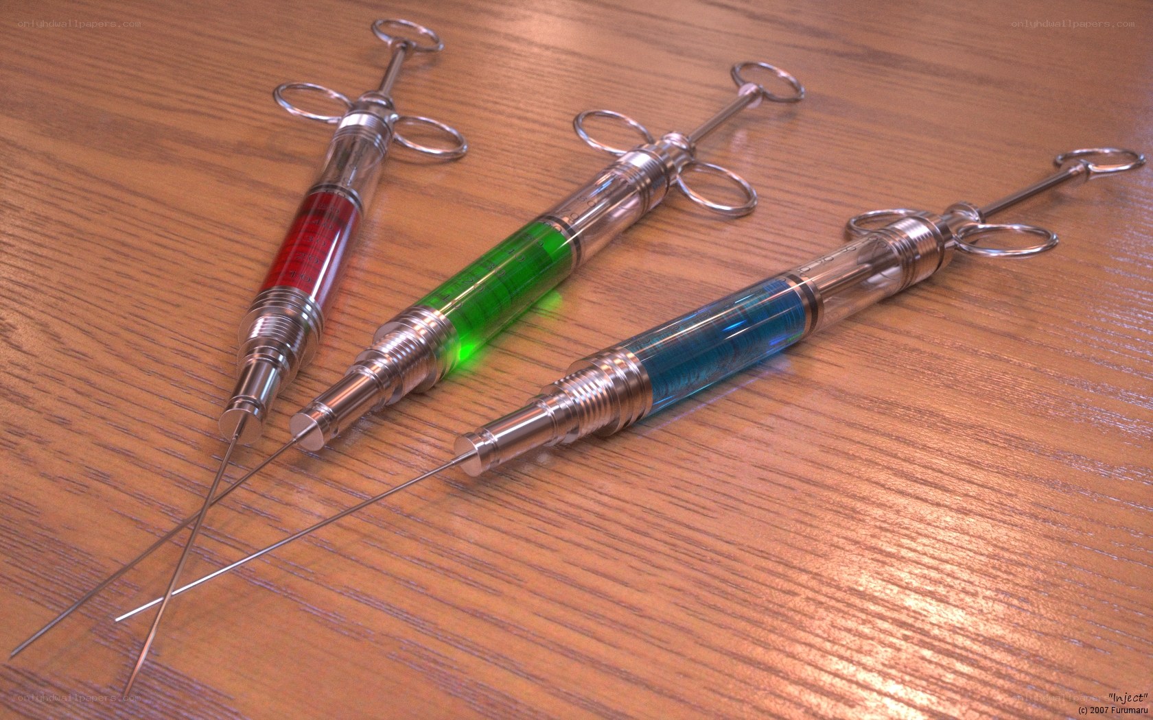 Three syringes on wooden surface