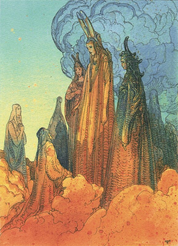 Three Tall Figures on a Hill