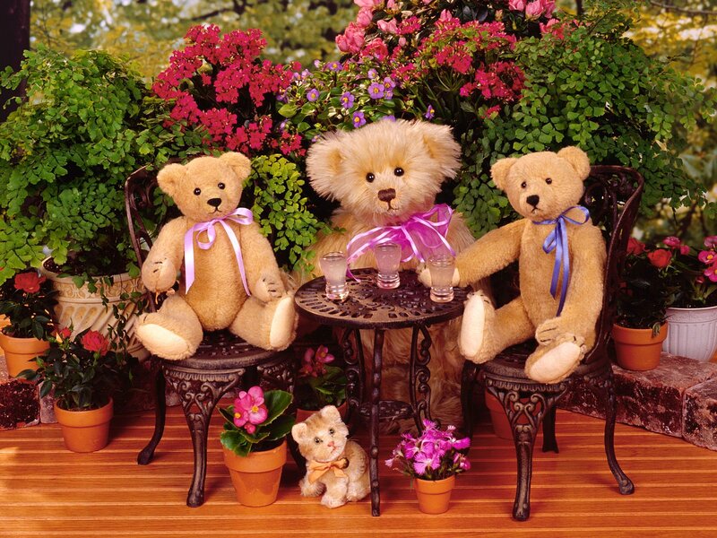 Three Teddy Bears at Table