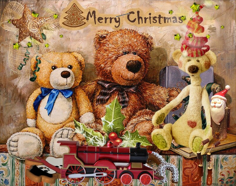 Three Teddy Bears — Brown, Festive