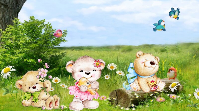 Three Teddy Bears in Field