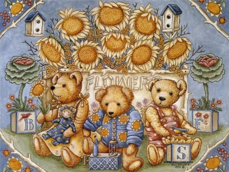 Three Teddy Bears in Garden — Blue