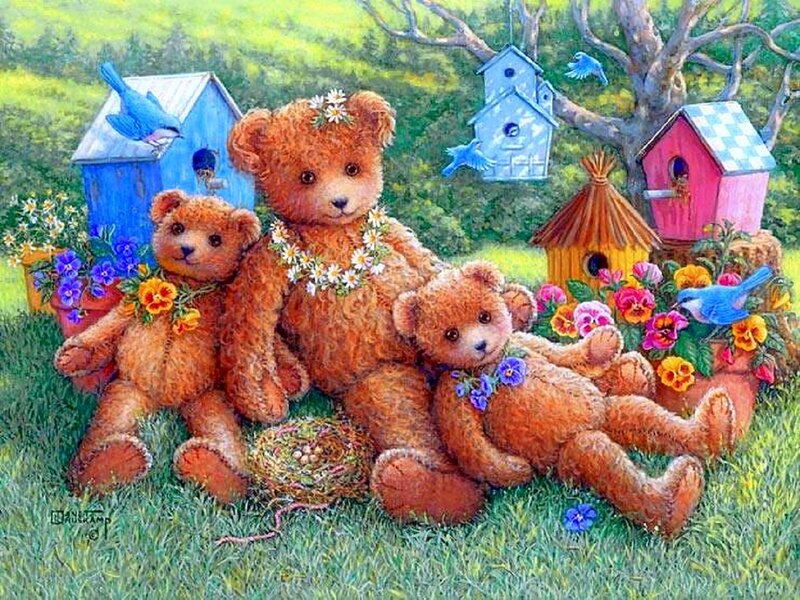 Three Teddy Bears in Garden — Green