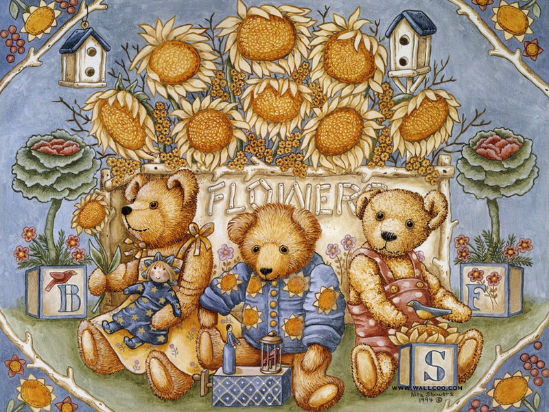 Three Teddy Bears in Garden