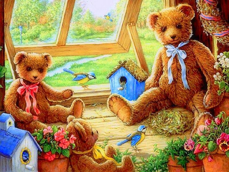 Three Teddy Bears in Room