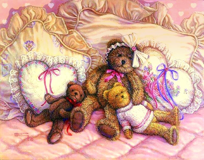 Three Teddy Bears on Bed — Pink