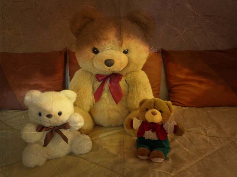 Three Teddy Bears on Bed