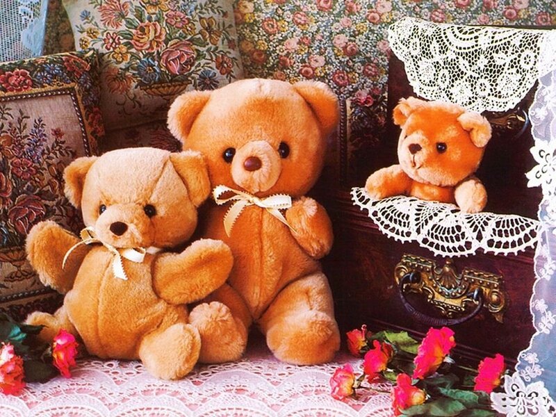 Three Teddy Bears on Furniture — Brown