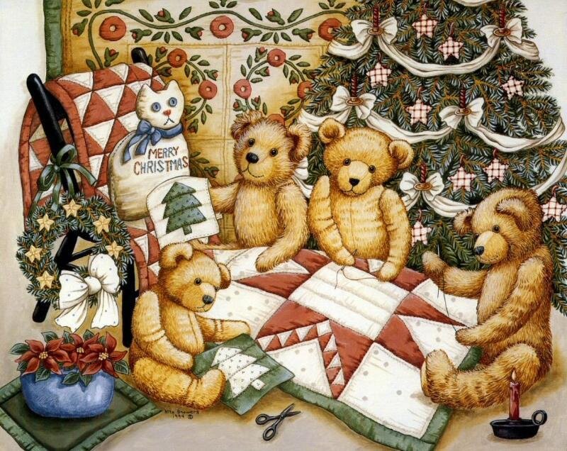 Three Teddy Bears on Quilt