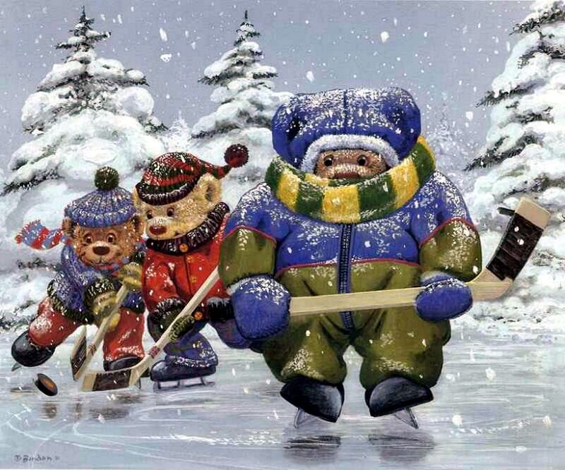 Three Teddy Bears Playing Hockey