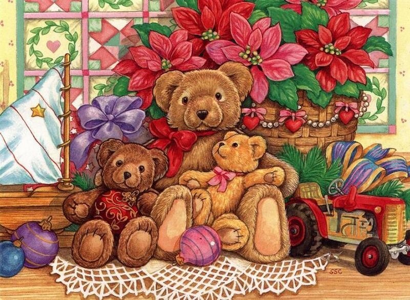Three Teddy Bears — Red, Festive