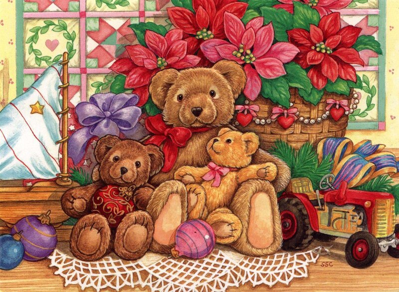 Three Teddy Bears — Red, Festive, Winter, Illustration