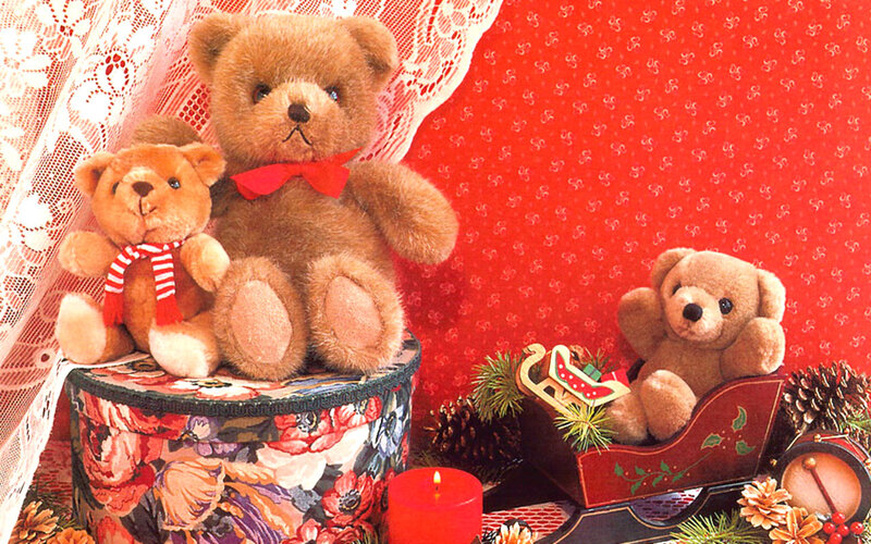 Three Teddy Bears — Red, Festive, Winter, Photograph
