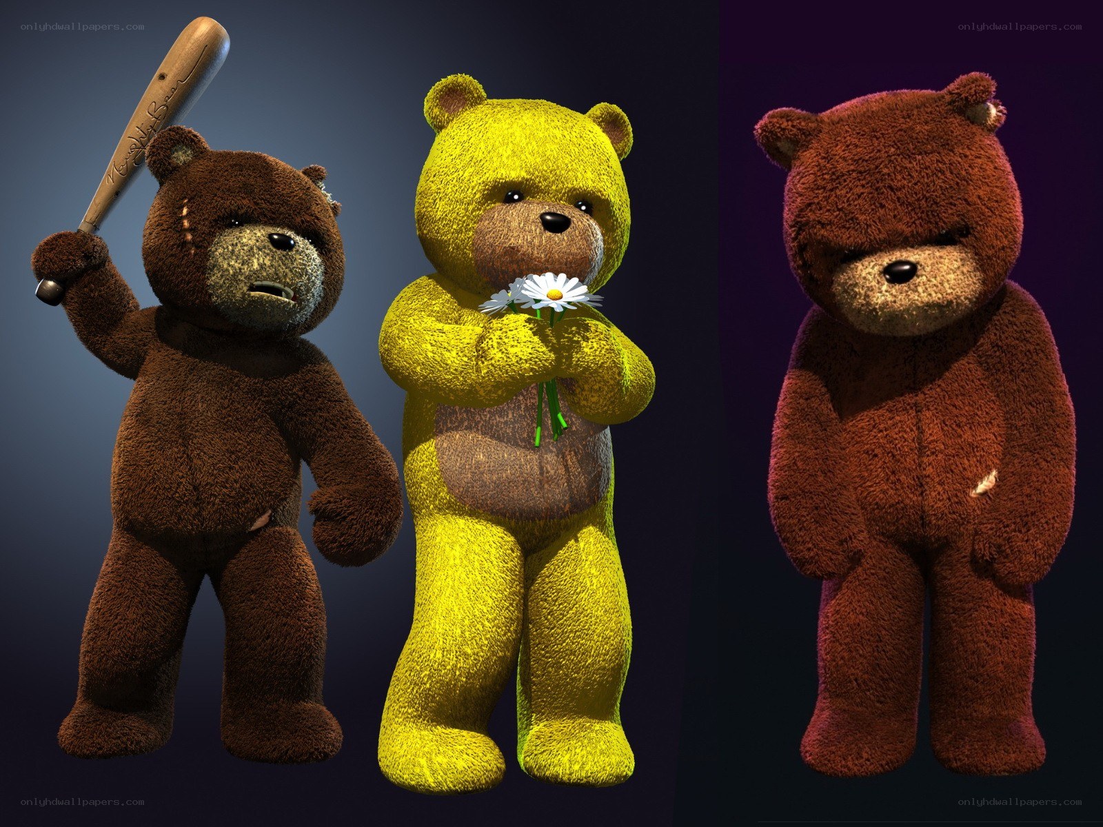 Three teddy bears with different expressions