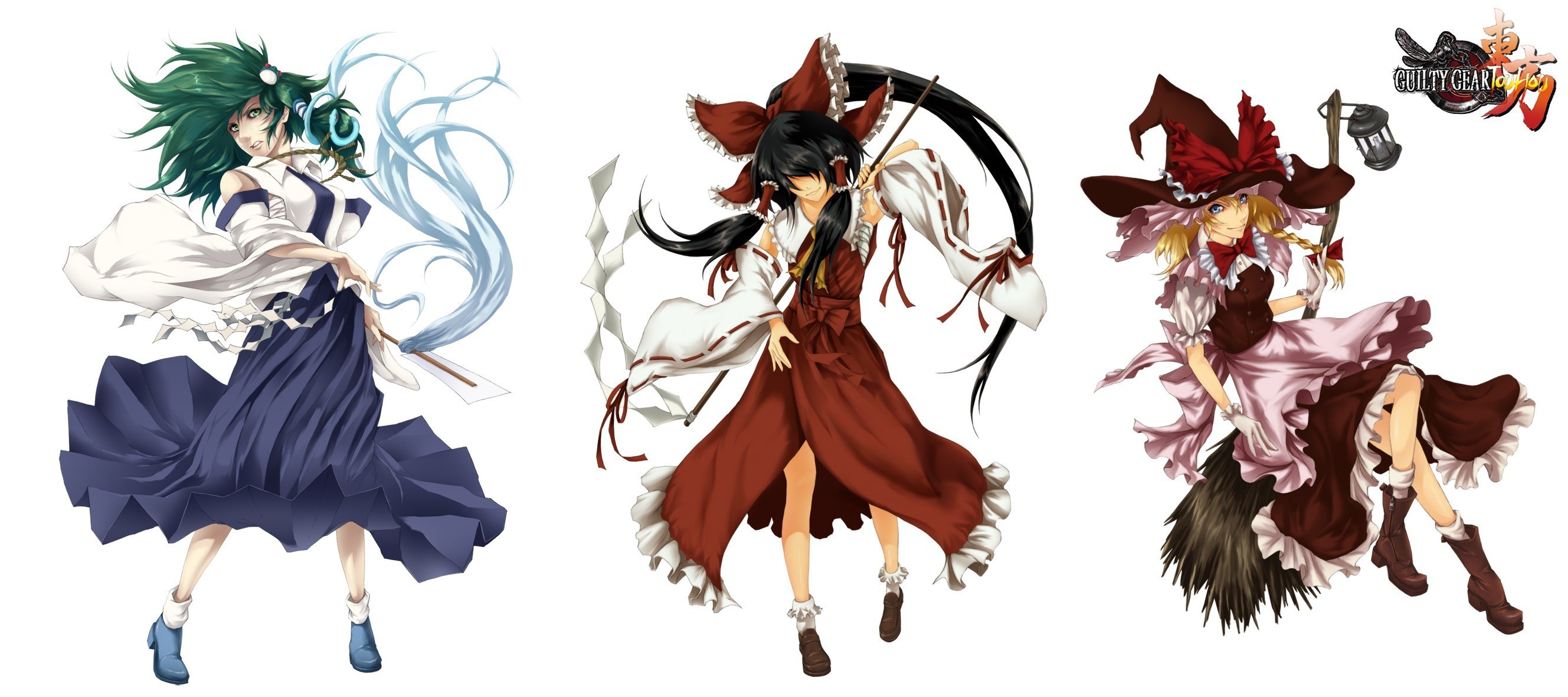 Three Touhou characters in action