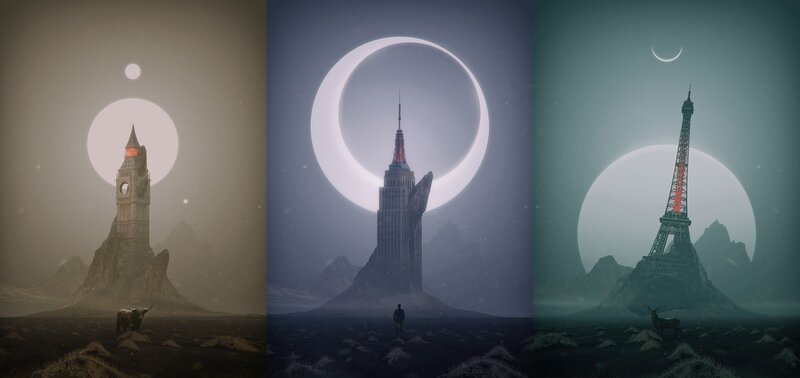 Three Towers with Celestial Rings