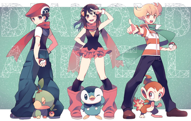 Three Trainers with Pokémon — Green