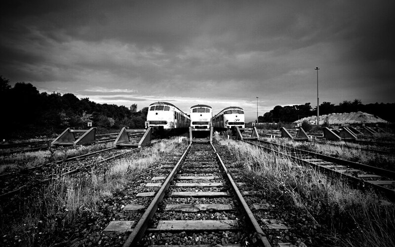 Three Trains on Tracks — Black, Dramatic