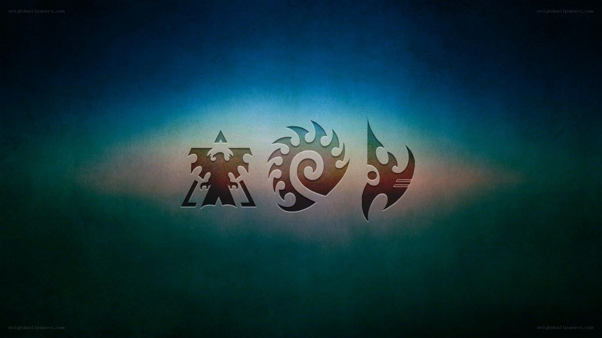 three tribal symbols on blue background