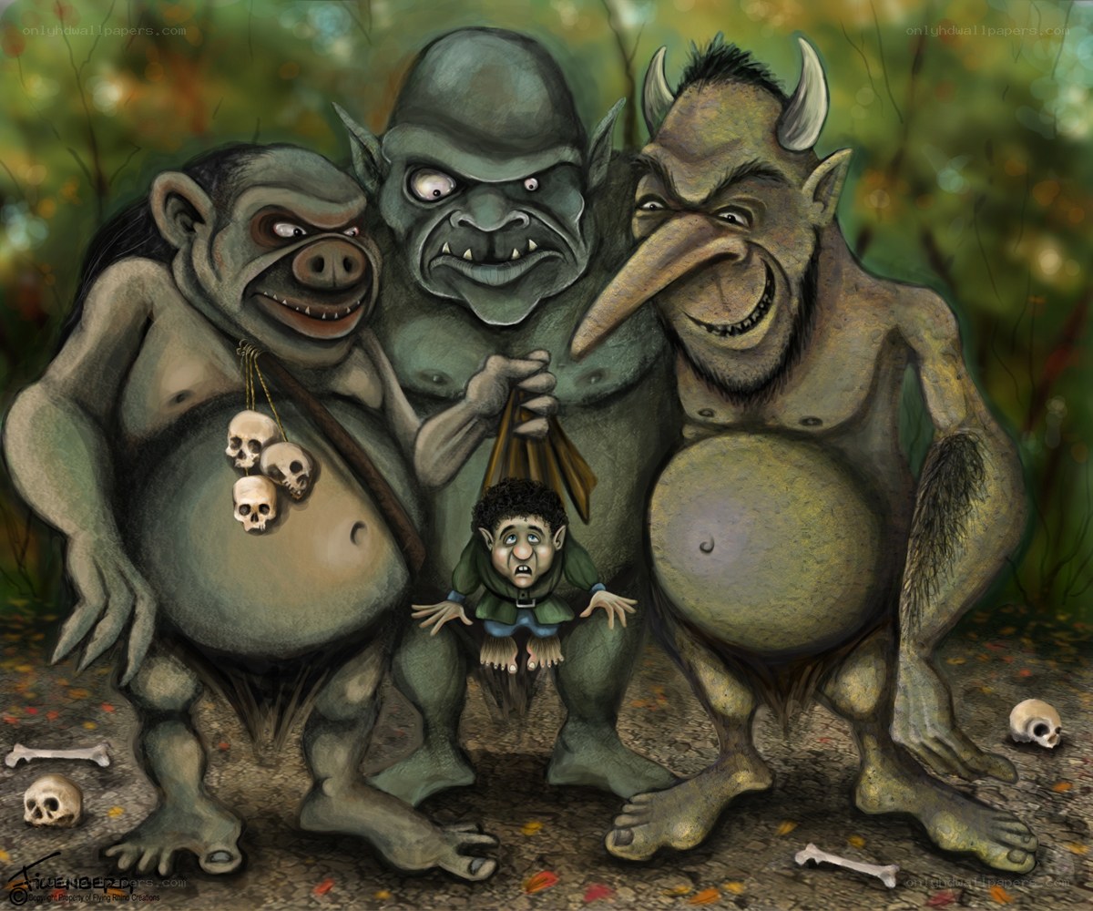 Three trolls holding a small creature