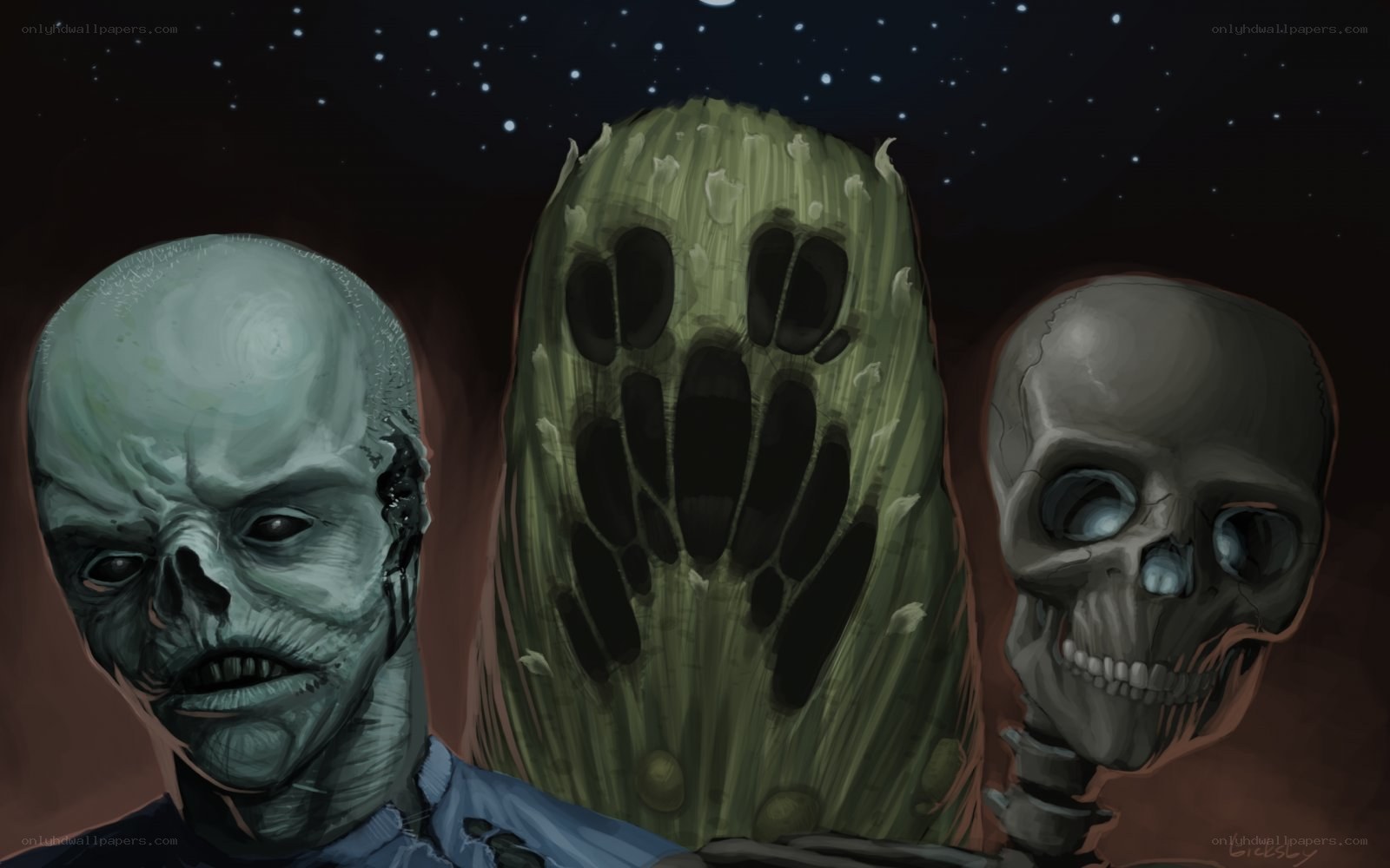 three undead figures under stars