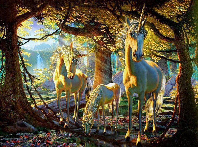 Three Unicorns in Forest — Green, Serene, Afternoon