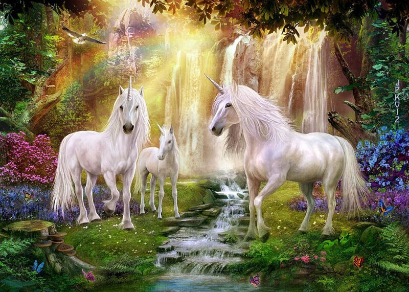 Three Unicorns in Forest — Green, Serene, Morning