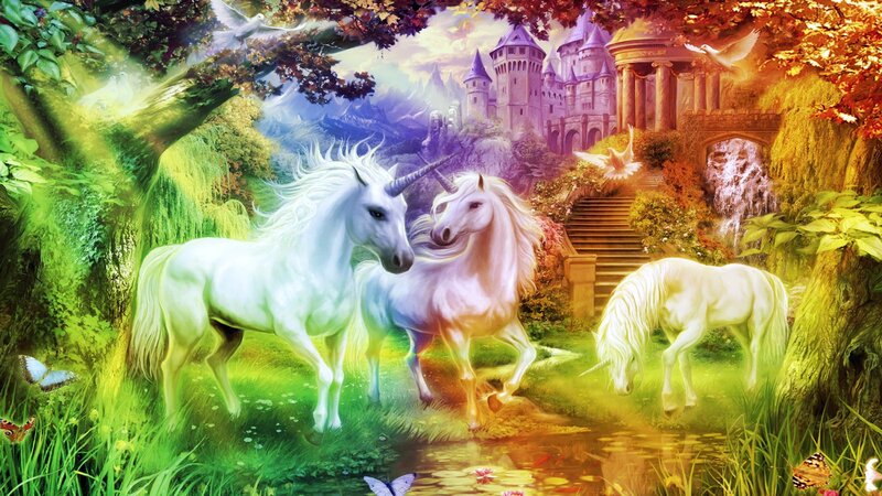 Three Unicorns in Forest — Green