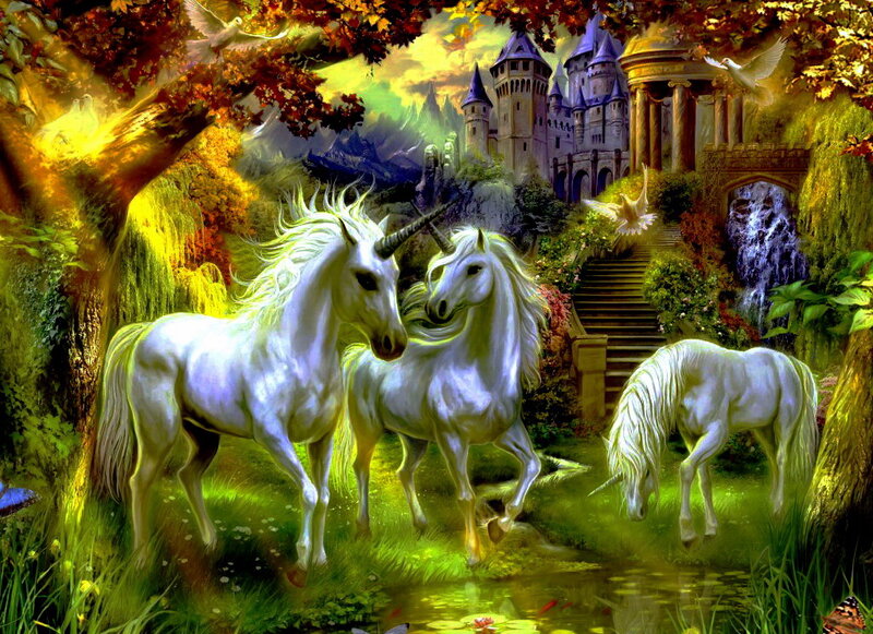 Three Unicorns in Forest