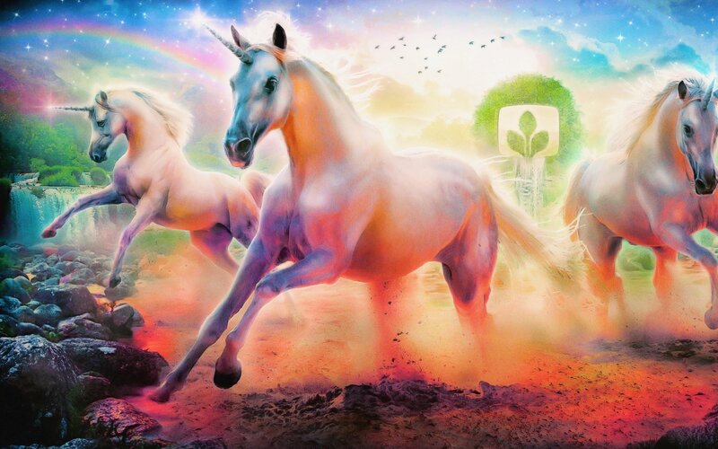 Three Unicorns Running — White, Magical