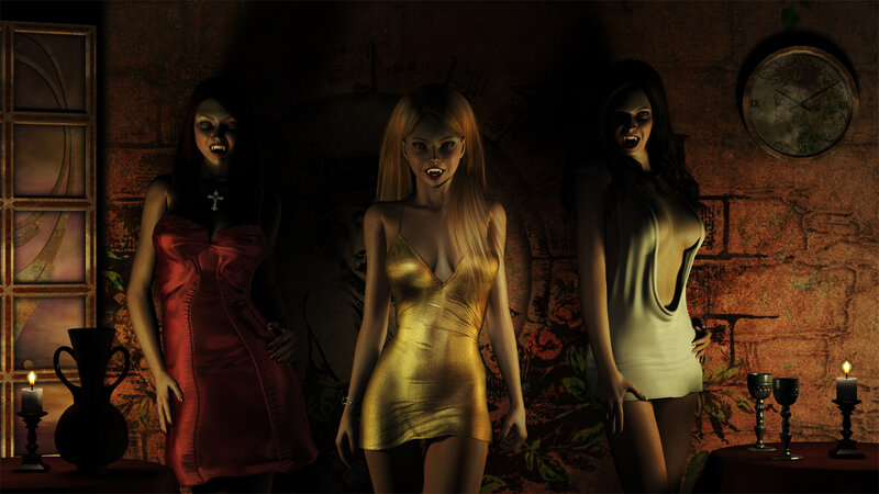 three vampire women in a dim room